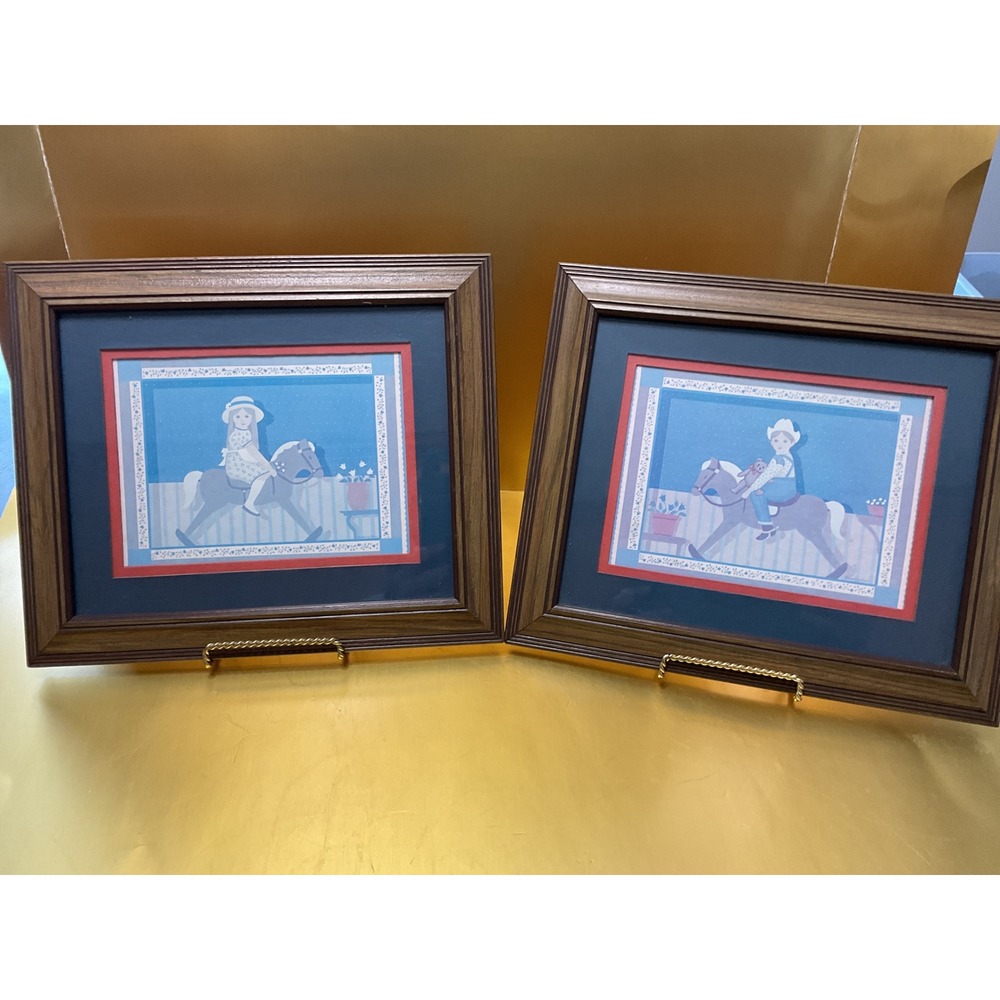 Vintage M Buckingham Rocking Horse Art Prints Framed Set of 2 Nursery Decor